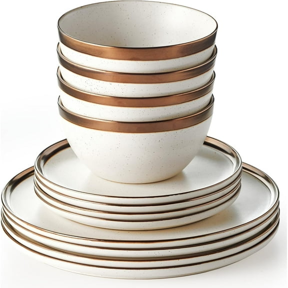 Maison Neuve Luna Collection Dinnerware Set for 4, 12-Piece Cream Plates and Bowls w/ Bronze Rim