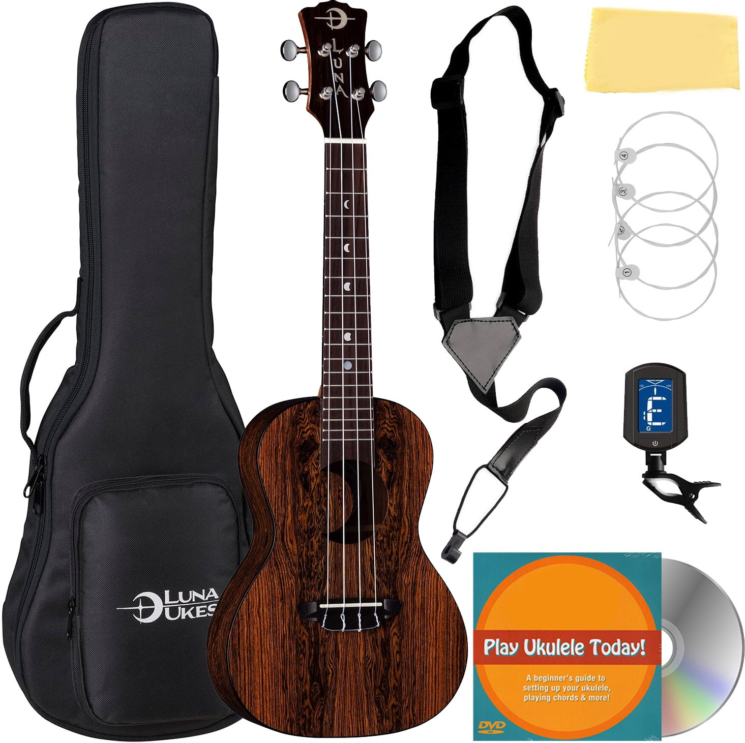 Luna Crescent Caidie Concert Ukulele Bundle with Gig Bag, Strap, Tuner ...