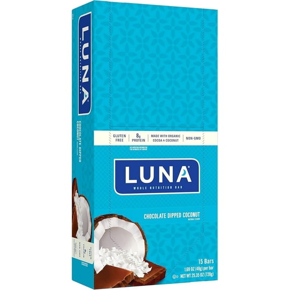 Luna Gluten Free Whole Nutrition Bars Chocolate Dipped Coconut - 15 Bars Pack of 2