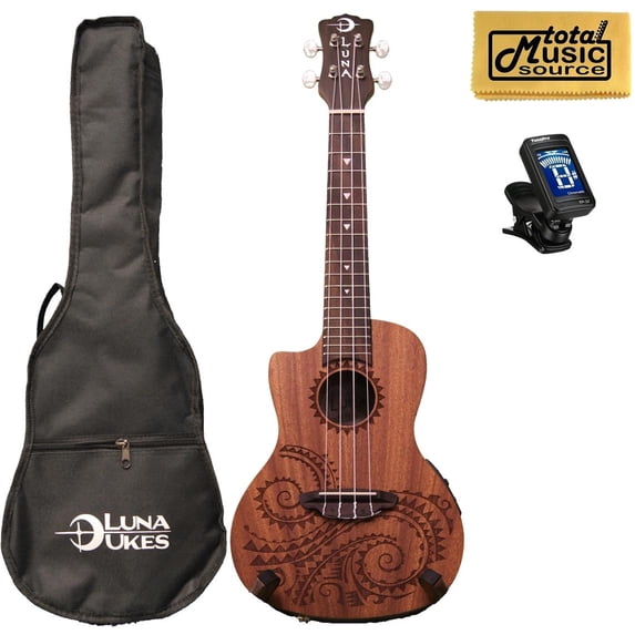 Luna Guitars A/E Concert Tattoo LEFTY w/Tuner & PC, UKE TEC MAH L PACK