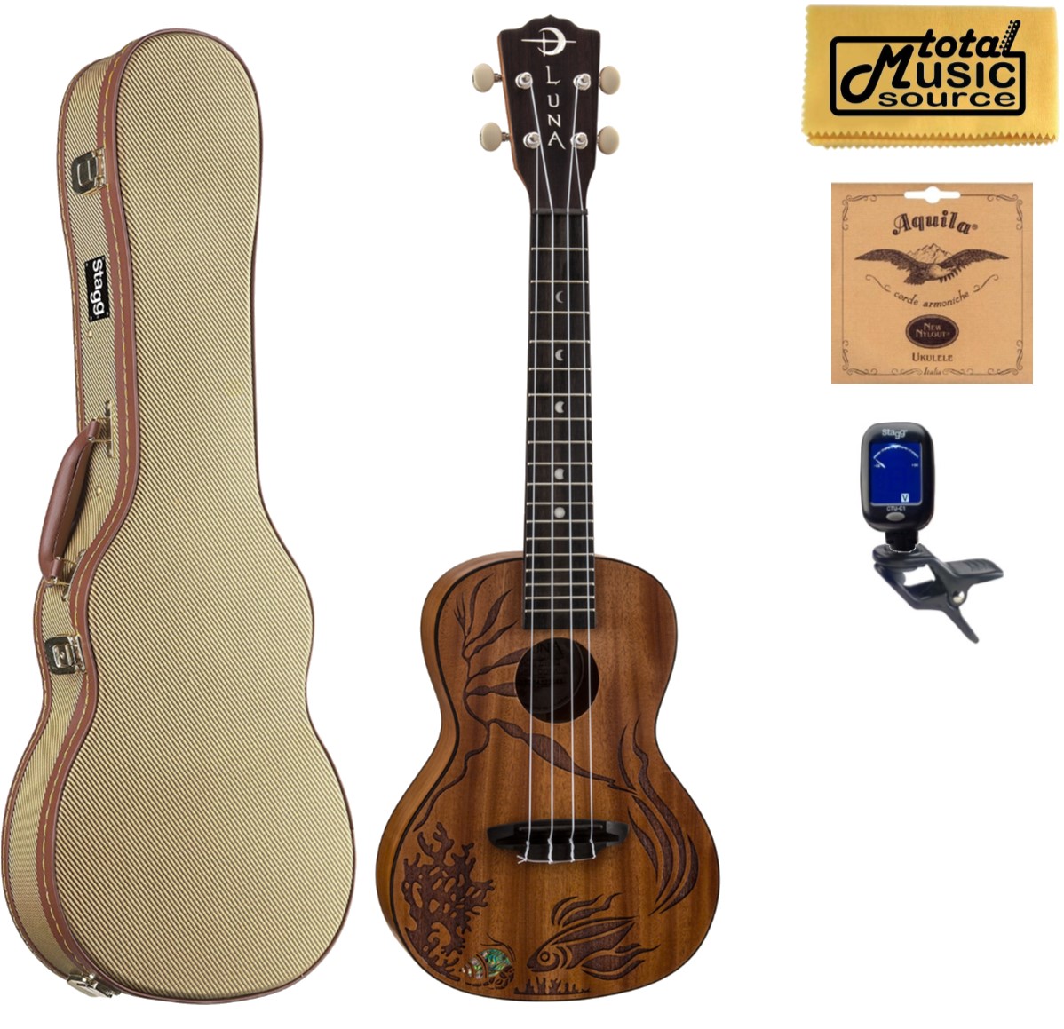 Luna Guitars Concert Ukulele UKE CORAL,Solid Mahogany, Tweed Case Bundle