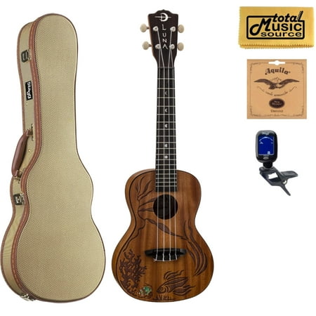 Luna Guitars Concert Ukulele UKE CORAL,Solid Mahogany, Tweed Case Bundle