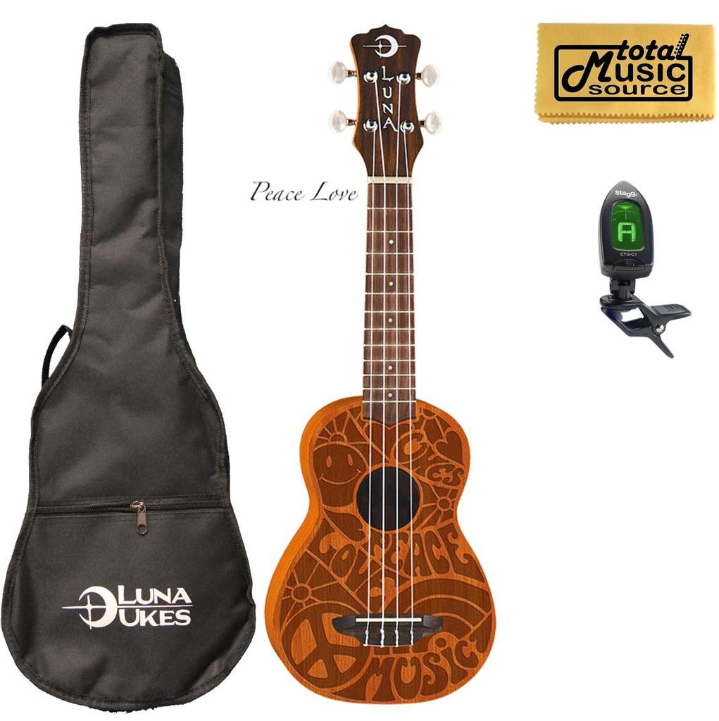 Luna Guitars Peace Love Ukulele W/Gigbag,Tuner, PP & PC, UKE PCE PACK