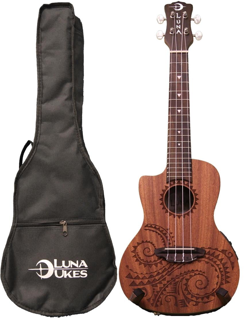 Luna Guitars UKE TEC MAH L Ukulele Concert Tattoo Lefty with Preamplifier