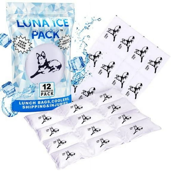 Luna Ice Gel Ice Packs - Dry Ice for Shipping Frozen Food, Lunch Bags & Injuries - Reusable & Long-Lasting Cold Packs for Coolers, Ice Bag for Shipping Frozen Food - Dry Ice Packs (12 Pack)