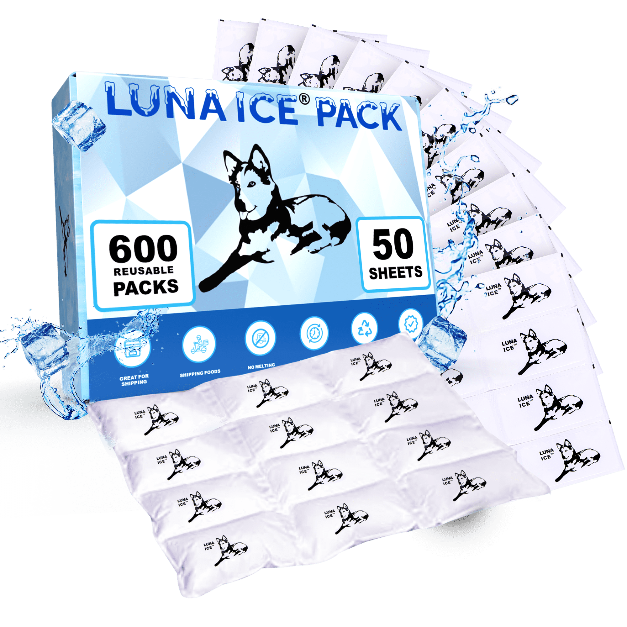 Luna Ice Gel Ice Packs - Dry Ice for Shipping Frozen Food, Lunch Bags & Injuries - Reusable & Long-Lasting Cold Packs for Coolers, Ice Bag for