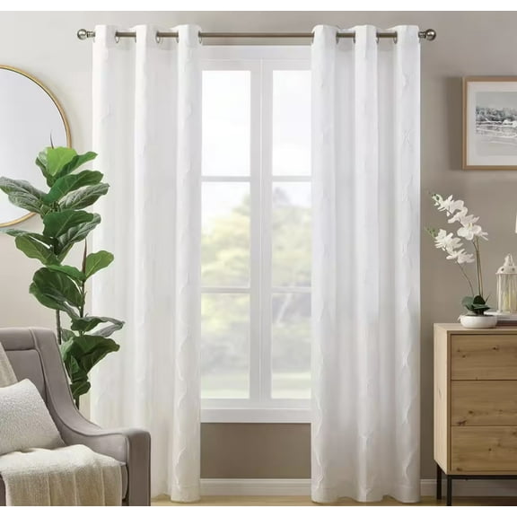 Luna Lattice White 38 in. W x 84 in. Jacquard Grommet Light Filtering Curtain (Single Panel)