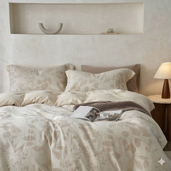 Say Yes Bedding Linen Jaquard 3-Piece Duvet Cover Set, Queen, Beige