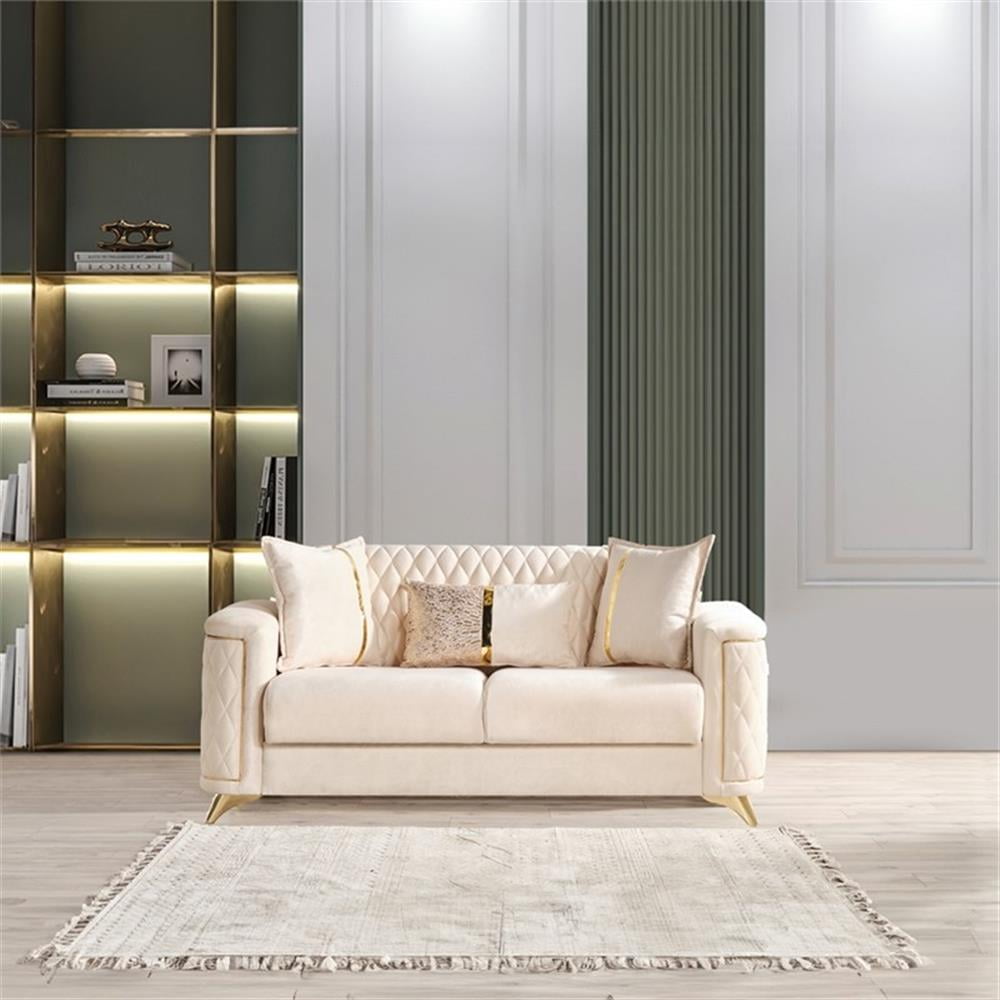 Luna Ivory Velvet Loveseat with Gold Legs and Storage