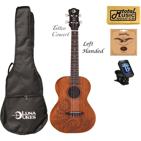 Luna Mahogany Tattoo Concert Ukulele LEFTY w/Strings,Tuner & CP, UKE TC MAH L COMP