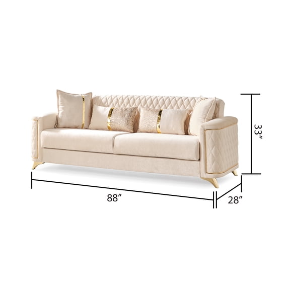 Luna Modern Style 3-Seater Sofa in Ivory Velvet & Wood Frame - High-Resilience Foam, Sinuous Springs, Living Room Furniture, Made in Turkey