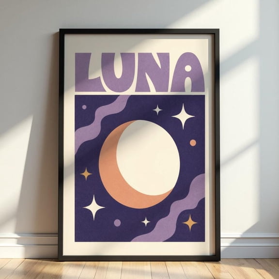 Luna Moon Celestial Retro Wall Art Mystic Night Sky Print Boho Space Decor Mid Century Moon Artwork, Unframed Paper Print