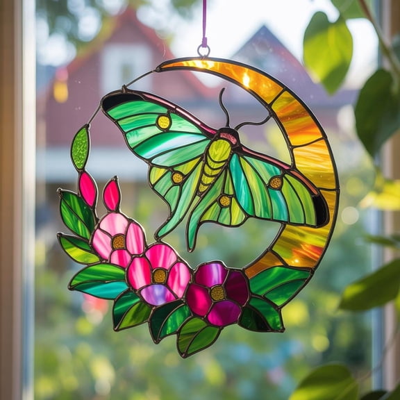 Luna Moth Acrylic Suncatcher Crescent Moon Butterfly Window Hanging, Mystical Witchy Room Ornament, Boho Sun-Catcher Decor