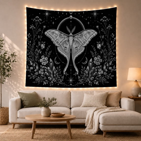 Luna Moth Among Stars and Wildflowers, Mystical Illustration for Nature Lovers, Celestial Insect Decor, Housewarming Gift, Tapestry Wall Hanging for Bedroom and Studio