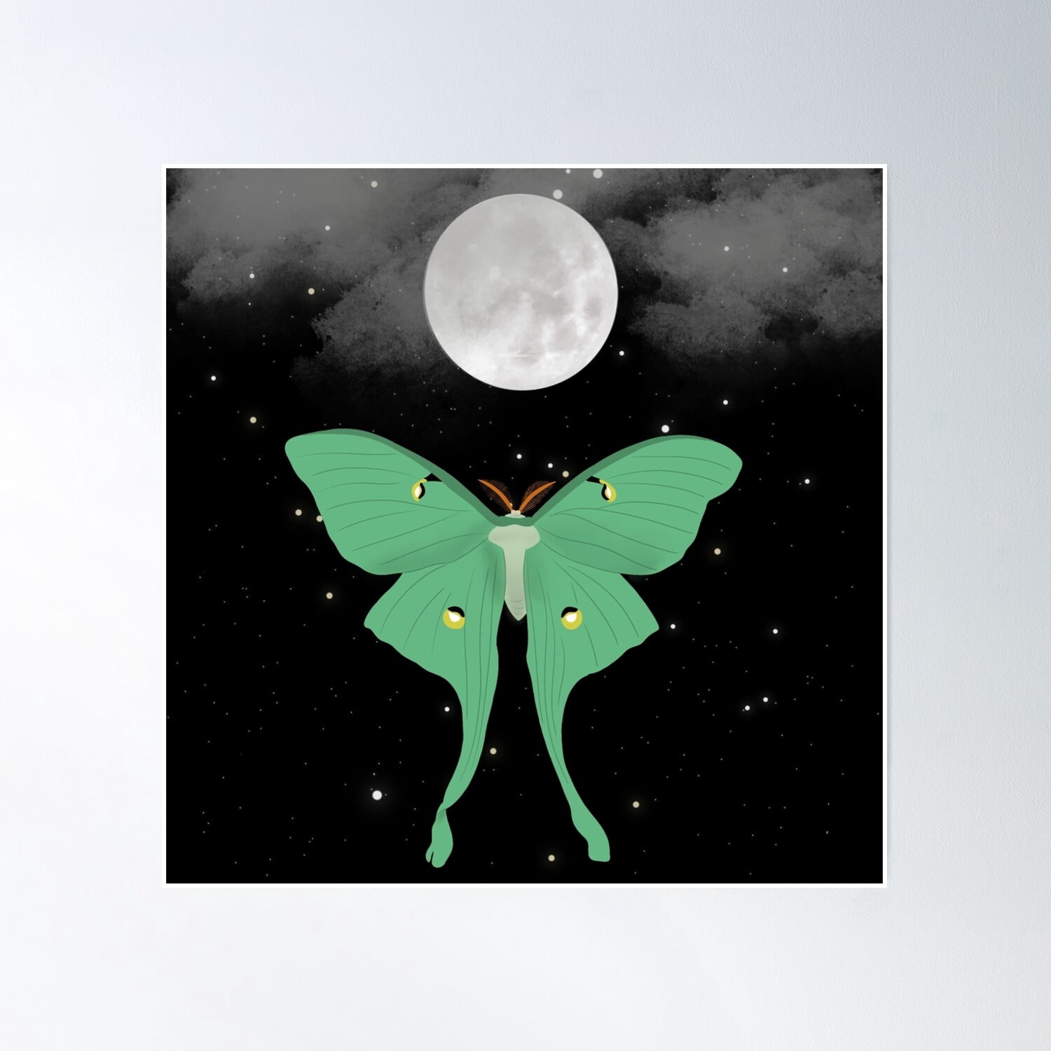 Luna Moth At Full Moon Poster Wall Art, Modern Wall Decor, 16x16 ...