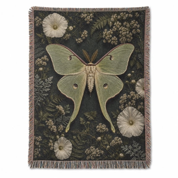 Luna Moth Botanical Dark Green Woven Throw Blanket, Cotton with Fringed Edges, Vintage Nature Style, Couch and Bed Home Decor