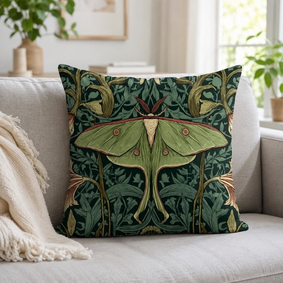 Luna Moth Botanical Throw Pillow Cover – Decorative Green Floral Art Nouveau Design, 18x18 20x20 24x24 in, 1-Side Print