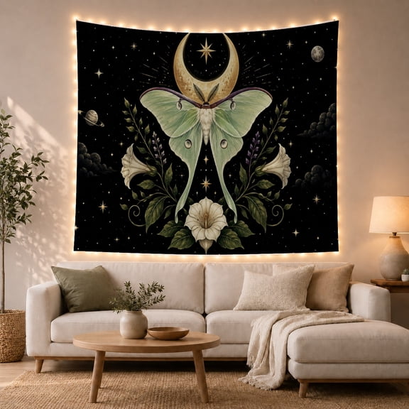 Luna Moth in a Celestial Night with Golden Crescent Moon, Mystical Celestial for Nature Lovers, Botanical Wall Art Decor, Birthday Gift, Tapestry Wall Hanging for Bedroom and Living Room