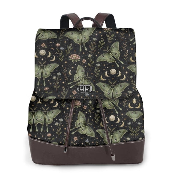 Luna Moth Celestial Women's Leather Backpack All-Over Print Bag for Work and Travel