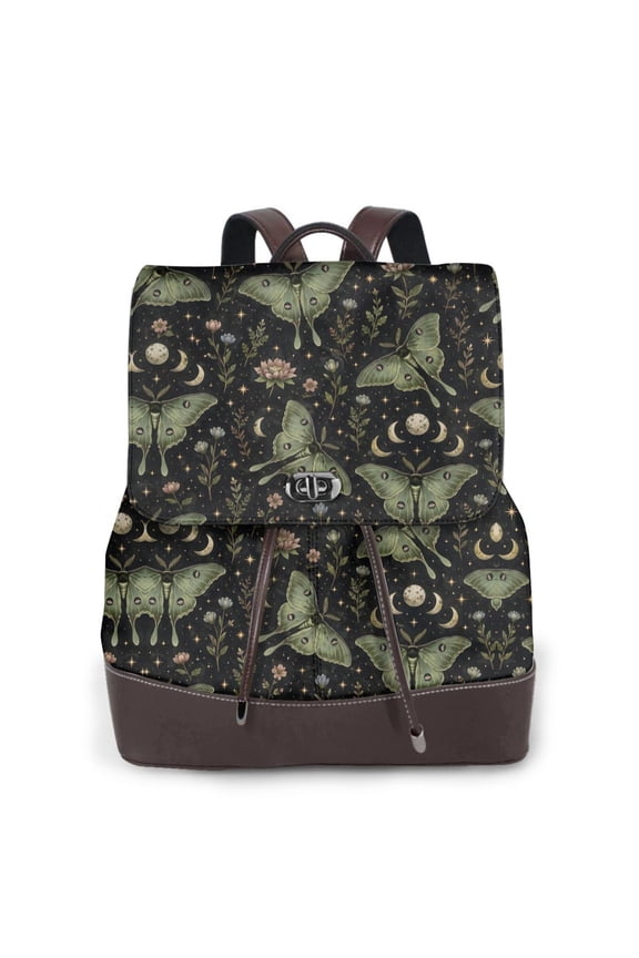 Luna Moth Celestial Women's Leather Backpack All-Over Print Bag for Work and Travel