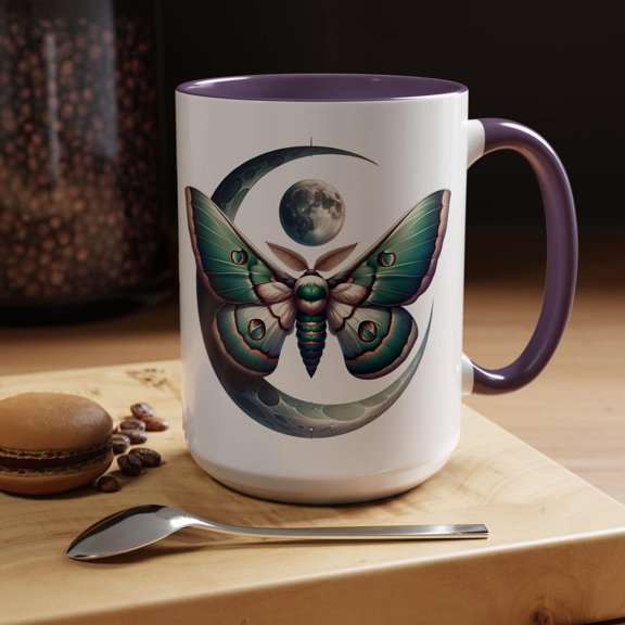 Luna Moth Ceramic Mug, Moon Phase Coffee Cup, Celestial Butterfly Mug, Gothic Nature Gift, Witchy Tea Cup, Cottagecore Moth Mug