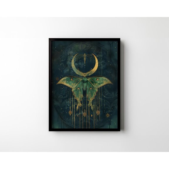 Luna Moth Cottagecore Poster Print Crescent Moon Actias Floral Modern Occult Fairycore Witchy Gothic Wall Art Artwork Gifts Matte Poster, F103, Unframed Poster Size 8x12