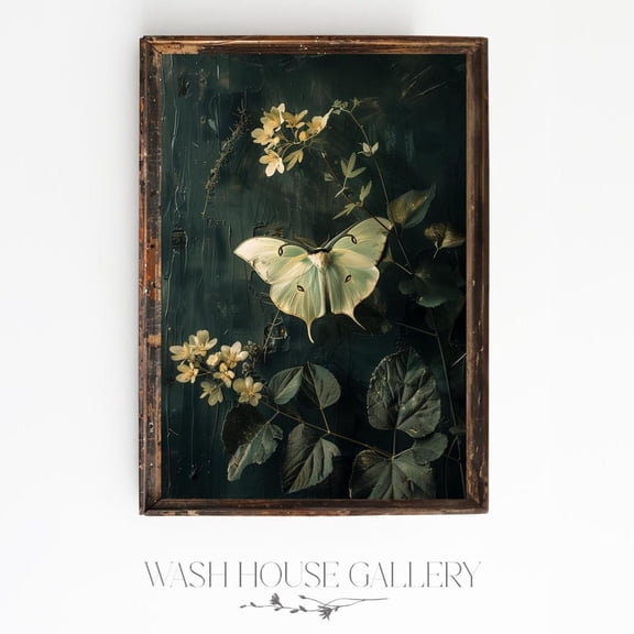 Luna Moth Dark Cottagecore Wall Art Dark Botanical Vintage Goth Whimsigoth Witchy Academia Aesthetic F038, Unframed Paper Print