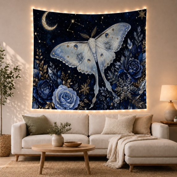Luna Moth with Deep Blue Roses and Stars in a Night Sky, Mystical Illustration for Nature Lovers, Celestial Wall Art, Christmas Gift Tapestry Wall Hanging for Bedroom and Living Room