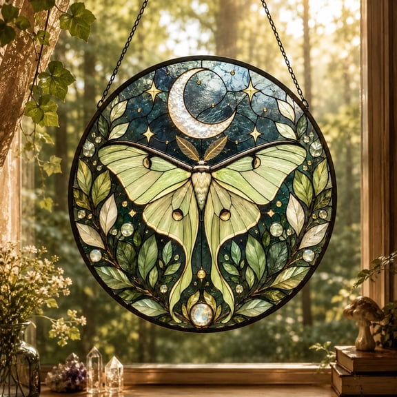 Luna Moth Faux Stained Glass Acrylic Suncatcher, Window Hanging Decor, Halloween Gothic Gift