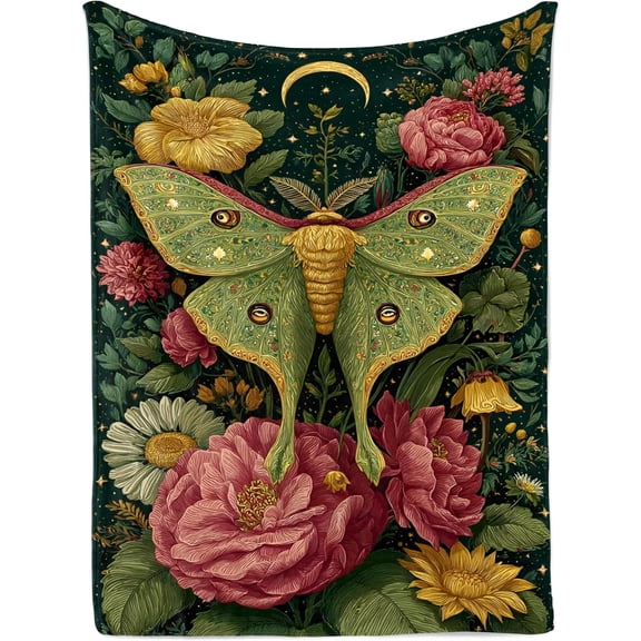 Luna Moth Floral Tapestry  Celestial Night Garden Wall Hanging with Crescent Moon & Stars, Botanical Cottage Boho Decor 30x40inch