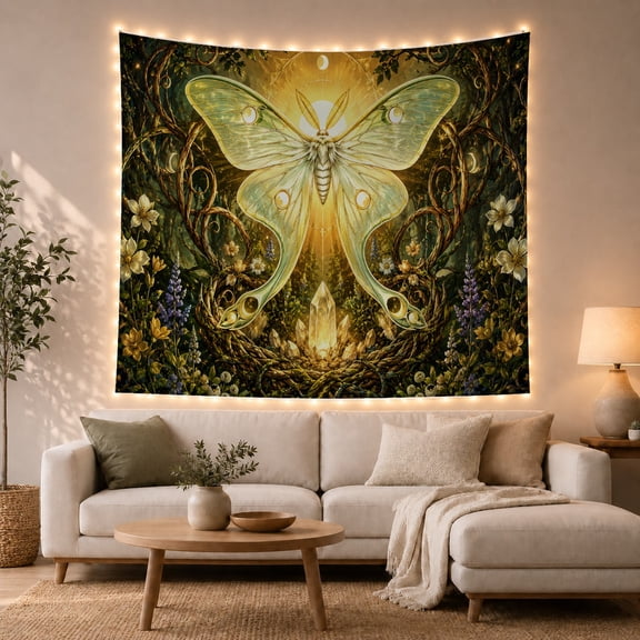 Luna Moth with Glowing Crystals and Forest Flowers, Mystical Fantasy Style for Nature Lovers, Botanical Wall Art Housewarming Gift, Tapestry Wall Hanging for Bedroom and Dorm