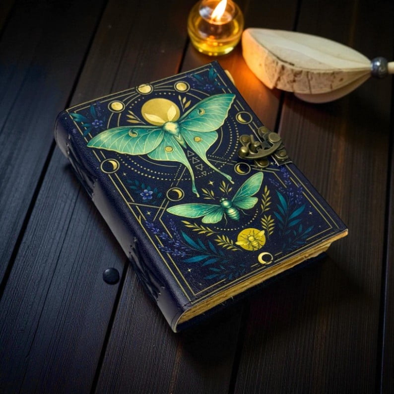 Luna Moth Leather Journal – 200 Pages Witchcraft Journal, Vintage Book of Shadows, Wiccan Pagan Gothic Witchy Magic Spellbook