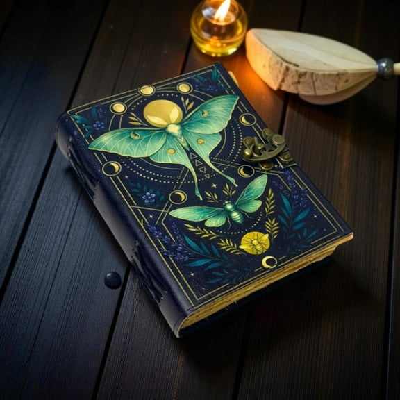 Luna Moth Leather Journal 200 Pages Witchcraft Journal, Vintage Book of Shadows, Wiccan Pagan Gothic Witchy Magic Spellbook