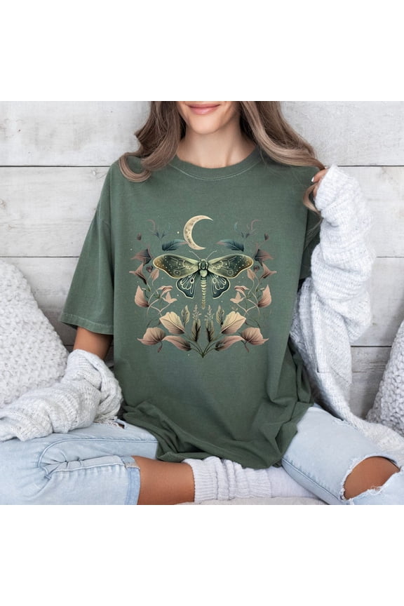 Luna Moth Moon Floral Goblincore Cottagecore Graphic Design Comfort Colors Unisex Cotton T-Shirt, Size S-3XL