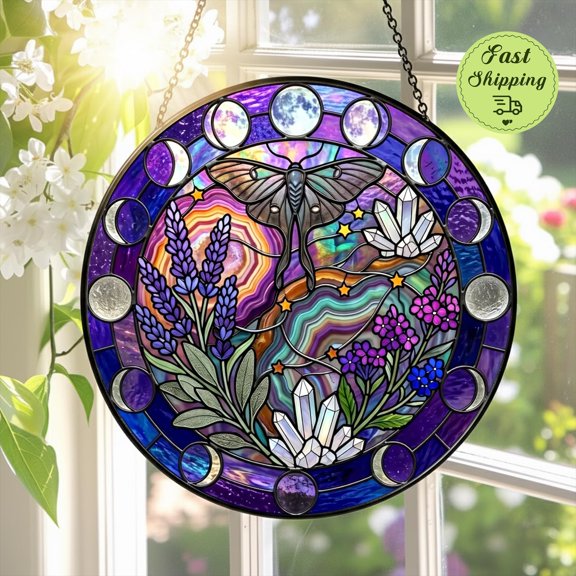 Luna Moth Moon Phase Stained Glass Suncatcher, Witchy Celestial Window Hanging Decor, Crystal Lover Gift, Gothic Cottagecore Art