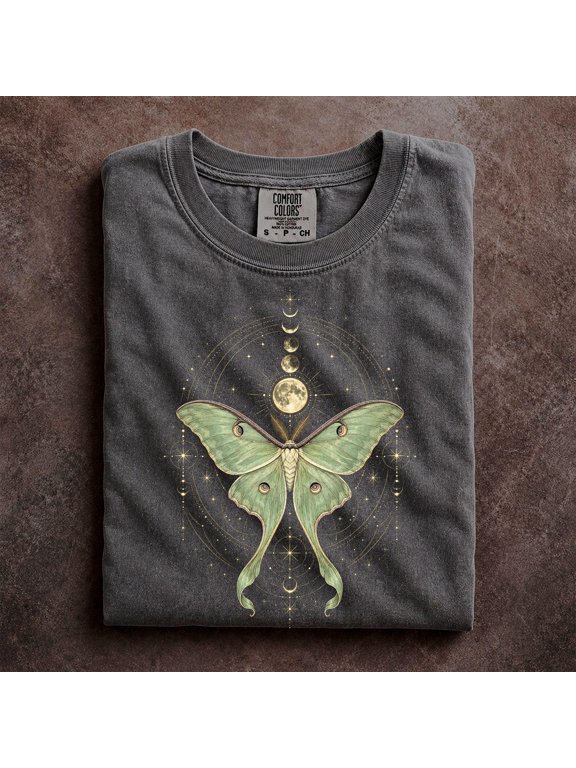 Luna Moth Moon Phase T-Shirt, Celestial Sacred Geometry Graphic Tee, Mystical Insect Botanical Shirt, Witchy Cottagecore Nature Lover Gift