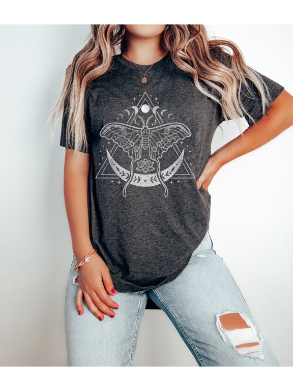 Luna Moth with Moon Phase Vintage Distressed Design T-Shirt, Witchy Tee, Wicca Moon, Soft Bella Canvas, Lunar Moth, mysterious, mystical, Vintage Birthday Gift