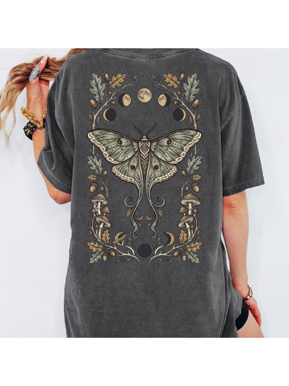 Luna Moth Moon Phases Back Print T-Shirt, Cottagecore Forest Botanical Graphic Tee, Celestial Nature Shirt, Woodland Lover Gift
