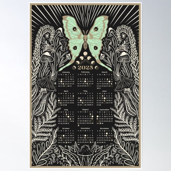 Luna Moth Moon Phases Calendar 2025 Poster Wall Art, Modern Wall Decor, 24x36 UNFRAMED