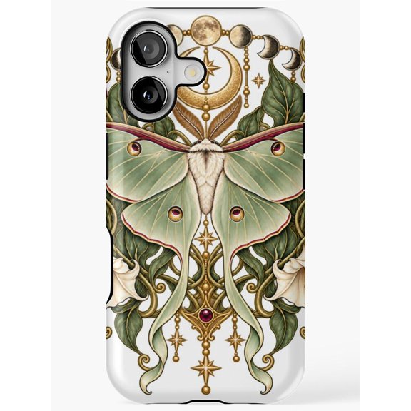 Luna Moth, Moon Phases and Botanical Tough Phone Case, Polycarbonate and TPU, for Apple iPhone Series