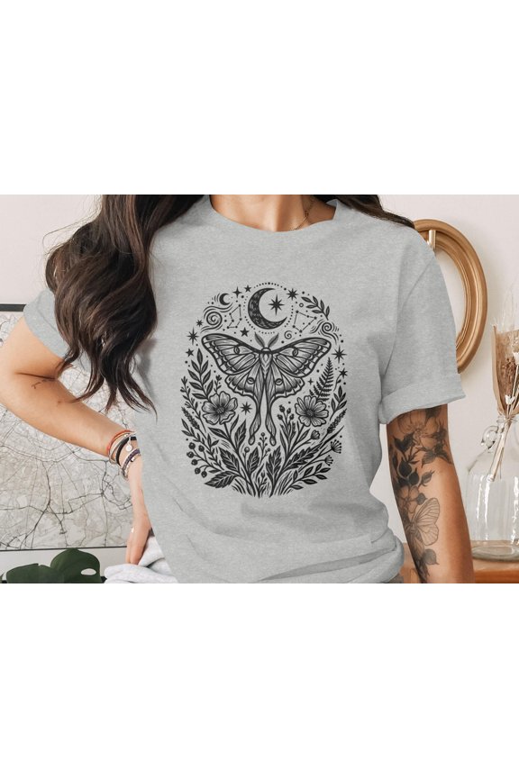 Luna Moth Moon Stars Floral Mystical T-Shirt Unisex Tee. Botanical Celestial Woodcut Design.