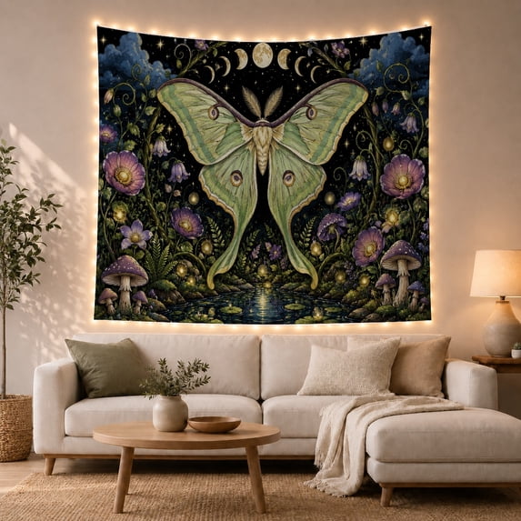 Luna Moth in Moonlit Garden, Mystical Celestial Wall Art for Nature Lovers, Dark Fantasy Decor Halloween Gift Tapestry Wall Hanging for Bedroom Living Room and Dorm