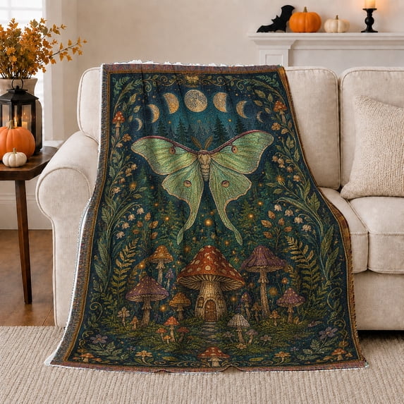 Luna Moth above Mushroom Cottage and Moons, Mystical Cottagecore Style for Moth Lovers, Enchanted Forest Motif and Halloween Gift, Soft Flannel Blanket for Bedroom and Reading Nook, Home Decor