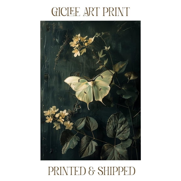 Luna Moth Poster, Dark Cottagecore Wall Art, Dark Botanical Posters, Vintage Goth Wall Art, Whimsigoth Art, Witchy Academia Aesthetic, 8x12 UNFRAMED