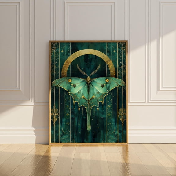 Luna Moth Poster Print Art Deco Celestial Actias Floral Modern Occult Witchy Gothic Wall Art Green Gold Wall Decor Gifts Matte Poster, Unframed Poster Size 8x12