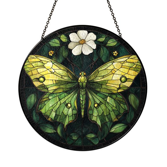 Luna Moth Stained Glass Roundel Celestial Insect Design Window Hanging Decor Mystical Nature Art