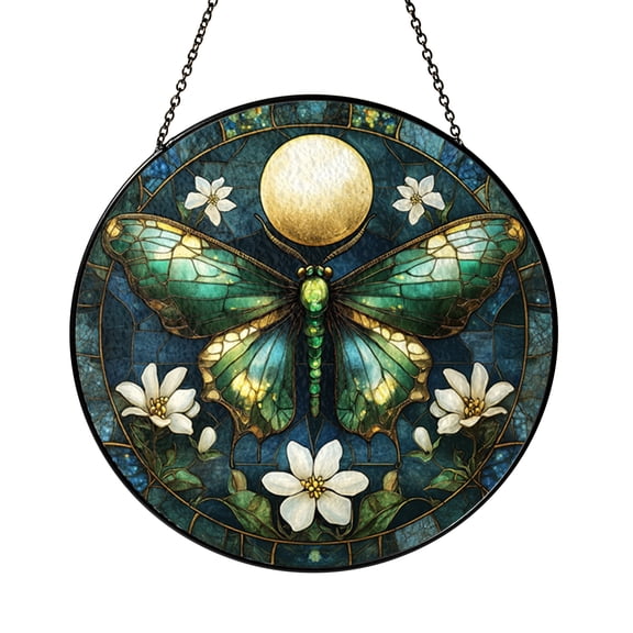 Luna Moth Stained Glass Style Suncatcher, Moon Garden Window Hanging for Mystic Night Decor and Nature Lover Gifts
