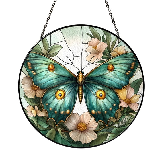 Luna Moth Stained Glass Style Suncatcher with Floral Design, Window Hanging for Nature Inspired Home Decor