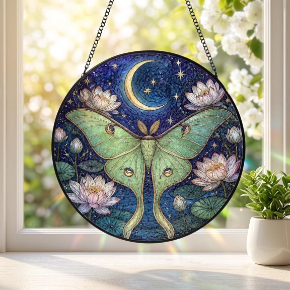 Luna Moth Stained Glass Suncatcher, Celestial Moon Window Hanging, Witchy Celestial Decor, Mystical Moth Art, Crystal Lover Gift, S54