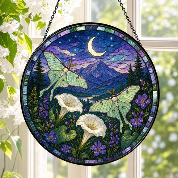 Luna Moth Stained Glass Suncatcher Round Window Hanging Gift for Mom or Nature Lover